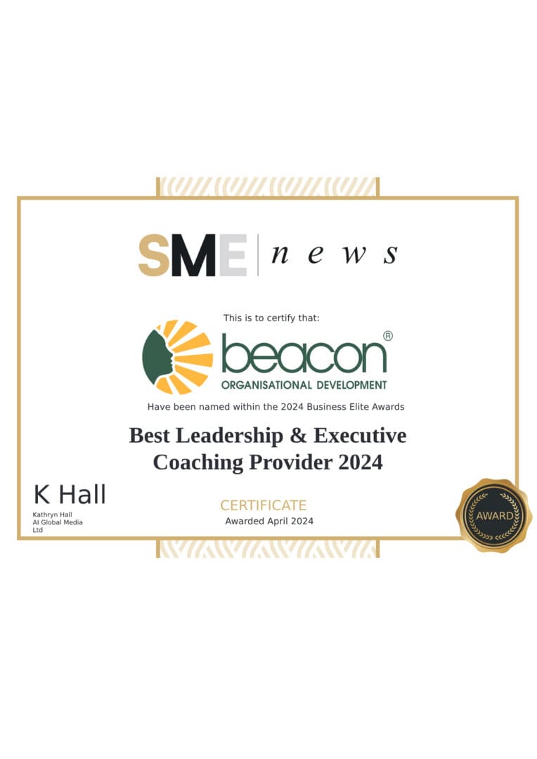 Certificate awarded to Beacon Organizational Development by SME News for Best Leadership & Executive Coaching Provider 2024, presented by K. Hall from AI Global Media, awarded April 2024.