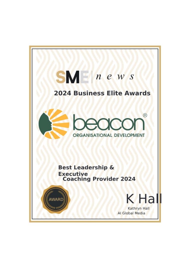 An award certificate stating "SME News 2024 Business Elite Awards" awarded to Beacon Organisational Development for "Best Leadership & Executive Coaching Provider 2024." Signed by Kathryn Hall, A1 Global Media.