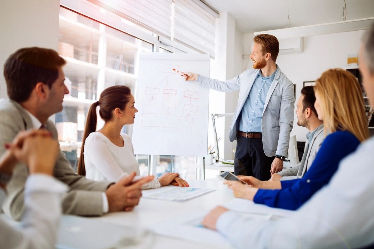 A man in a suit is presenting to a group of colleagues using a whiteboard with diagrams in an office setting.